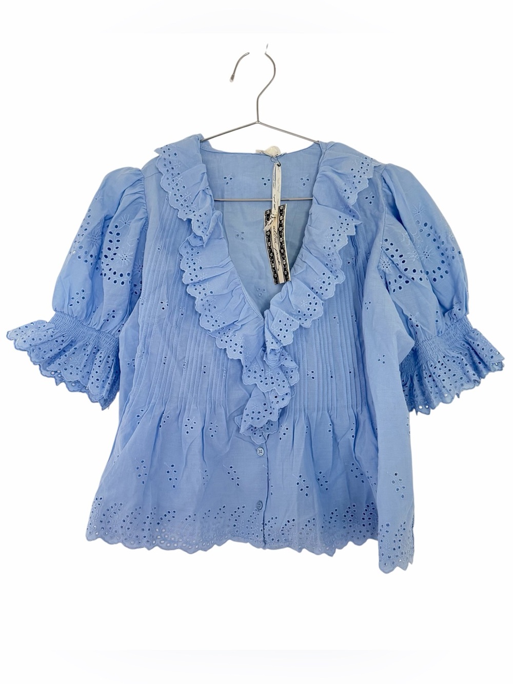 Ultra Pink Blue Eyelet Ruffle Blouse